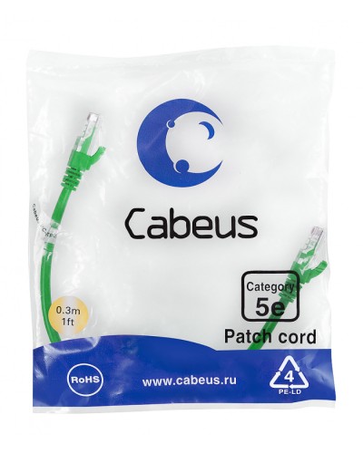 Патч-корд медный U/UTP кат.5е (0,3м) LSZH (зеленый) Cabeus (PC-UTP-RJ45-Cat.5e-0.3m-GN-LSZH) в Абакане Патчкорды (медные) Pintop.ru