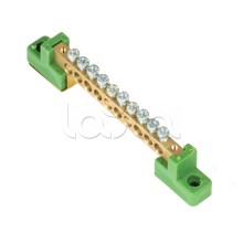 Шина "0" PE 6x9мм 10 отверстий латунь с контактной пластиной 2 зелёных угловых изолятора EKF (sn0-63-10-2-pe)