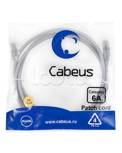 Патч-корд UTP, категория 6a, 10G, неэкранированный, LSZH, 2 м, серый Cabeus PC-UTP-RJ45-Cat.6a-2m-LSZH в Абакане Патчкорды (медные) Pintop.ru