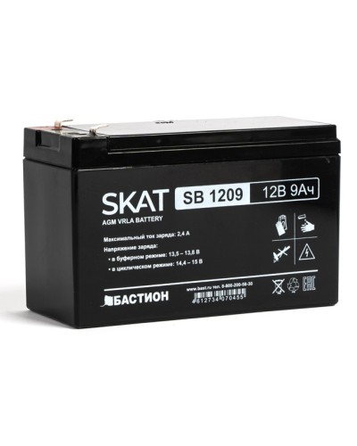 Бастион SKAT SB 1209 АКБ свинцово-кислотная тип AGM 12V 9Ач Iзар. 2,7 А, ножевые клеммы в Абакане Электротехническое оборудование Pintop.ru