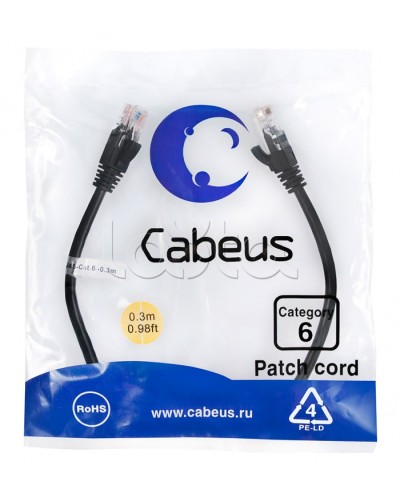 Патч-корд UTP, категория 6, 0.3 м, неэкранированный, черный Cabeus PC-UTP-RJ45-Cat.6-0.3m-BK в Абакане Патчкорды (медные) Pintop.ru
