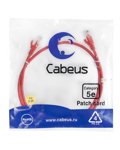 Патч-корд медный U/UTP кат.5е (1м) LSZH (красный) Cabeus (PC-UTP-RJ45-Cat.5e-1m-RD-LSZH) в Абакане Патч-корды и пигтейлы Pintop.ru