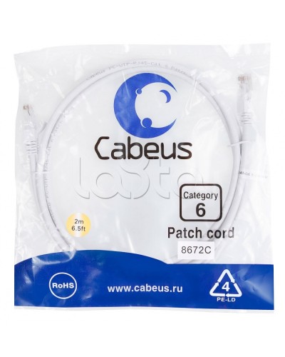 Патч-корд UTP, категория 6, 2 м, неэкранированный, белый Cabeus PC-UTP-RJ45-Cat.6-2m-WH в Абакане Патчкорды (медные) Pintop.ru