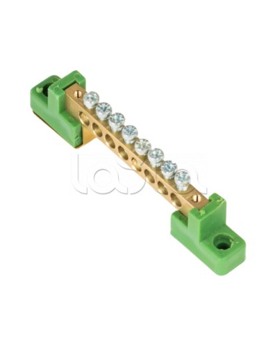 Шина 0 PE 6x9мм 8 отверстий латунь с контактной пластиной 2 зелёных угловых изолятора EKF (sn0-63-08-2-pe) в Абакане Клеммные колодки Pintop.ru