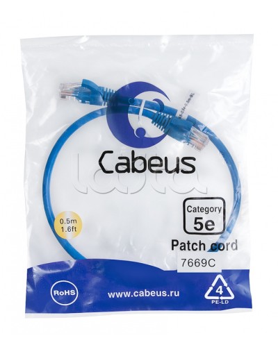 Патч-корд UTP, категория 5e, 0.5 м, неэкранированный, синий Cabeus PC-UTP-RJ45-Cat.5e-0.5m-BL в Абакане Патчкорды (медные) Pintop.ru