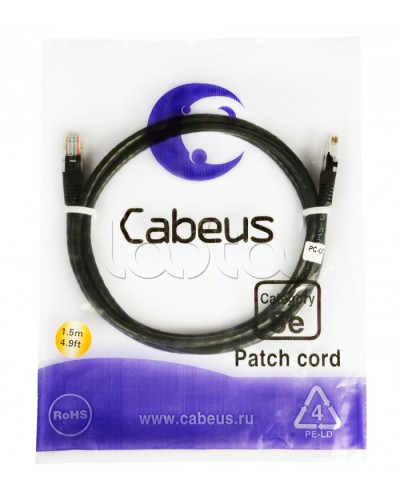 Патч-корд 2xRJ-45/8P8C U/UTP кат.5е (2 м) Cabeus PC-UTP-RJ45-CAT.5E-2M-BK в Абакане Патчкорды (медные) Pintop.ru