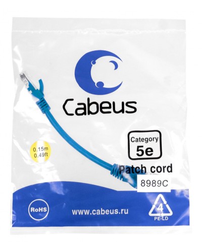 Патч-корд медный U/UTP кат.5е (0,15м) LSZH (синий) Cabeus (PC-UTP-RJ45-Cat.5e-0.15m-BL-LSZH) в Абакане Патчкорды (медные) Pintop.ru
