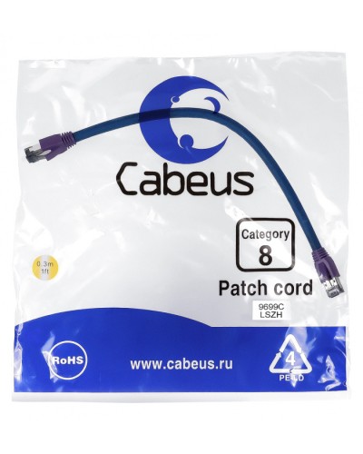 Патч-корд S/FTP Cabeus PC-SSTP-RJ45-Cat.8-0.3m-LSZH в Абакане Патчкорды (медные) Pintop.ru