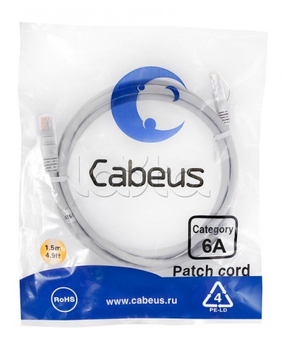 Патч-корд UTP, категория 6a, 10G, неэкранированный, LSZH, 1.5 м, серый Cabeus PC-UTP-RJ45-Cat.6a-1.5m-LSZH в Абакане Патчкорды (медные) Pintop.ru