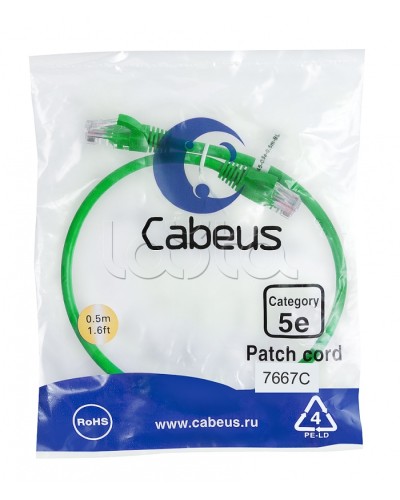 Патч-корд UTP, категория 5e, 0.5 м, неэкранированный, зеленый Cabeus PC-UTP-RJ45-Cat.5e-0.5m-GN в Абакане Патчкорды (медные) Pintop.ru