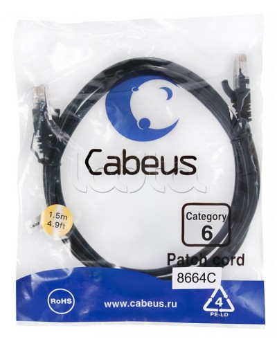 Патч-корд UTP, категория 6, 1.5 м, неэкранированный, черный Cabeus PC-UTP-RJ45-Cat.6-1.5m-BK в Абакане Патчкорды (медные) Pintop.ru