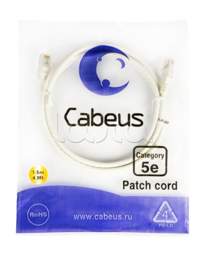Шнур коммутационный RJ-45 кат.5е (1.5 м) Cabeus PC-UTP-RJ45-Cat.5e-1.5m-WH в Абакане Патчкорды (медные) Pintop.ru
