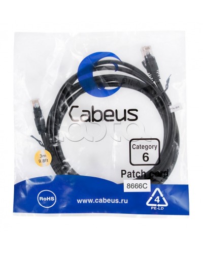 Патч-корд UTP, категория 6, 3 м, неэкранированный, черный Cabeus PC-UTP-RJ45-Cat.6-3m-BK в Абакане Патчкорды (медные) Pintop.ru