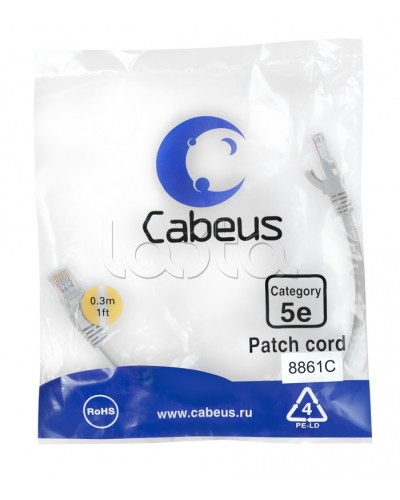 Патч-корд медный U/UTP кат.5е (0,3м) LSZH (белый) Cabeus (PC-UTP-RJ45-Cat.5e-0.3m-WH-LSZH) в Абакане Патчкорды (медные) Pintop.ru