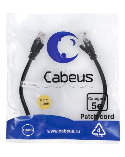 Патч-корд медный U/UTP кат.5е (0,3м) LSZH (черный) Cabeus (PC-UTP-RJ45-Cat.5e-0.3m-BK-LSZH) в Абакане Патчкорды (медные) Pintop.ru