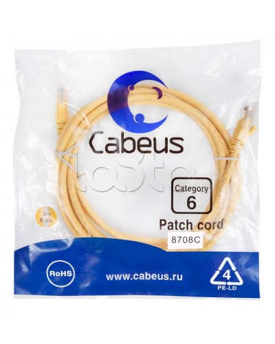 Патч-корд UTP, категория 6, 3 м, неэкранированный, желтый Cabeus PC-UTP-RJ45-Cat.6-3m-YL в Абакане Патчкорды (медные) Pintop.ru