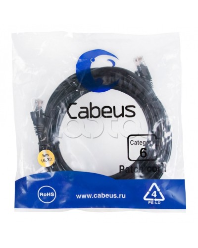 Патч-корд UTP, категория 6, 5 м, неэкранированный, черный Cabeus PC-UTP-RJ45-Cat.6-5m-BK в Абакане Патчкорды (медные) Pintop.ru
