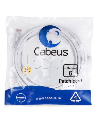 Патч-корд UTP, категория 6, 5 м, неэкранированный, белый Cabeus PC-UTP-RJ45-Cat.6-5m-WH в Абакане Патчкорды (медные) Pintop.ru