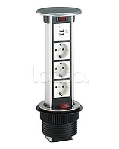 Блок розеточный встраеваемый в стол, 4 поста (45х45) IP54, с выключателем нагрузки (алюм+латунь) Экопласт 70344 в Абакане Блоки розеток Pintop.ru