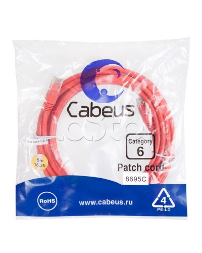Патч-корд UTP, категория 6, 5 м, неэкранированный, красный Cabeus PC-UTP-RJ45-Cat.6-5m-RD в Абакане Патчкорды (медные) Pintop.ru