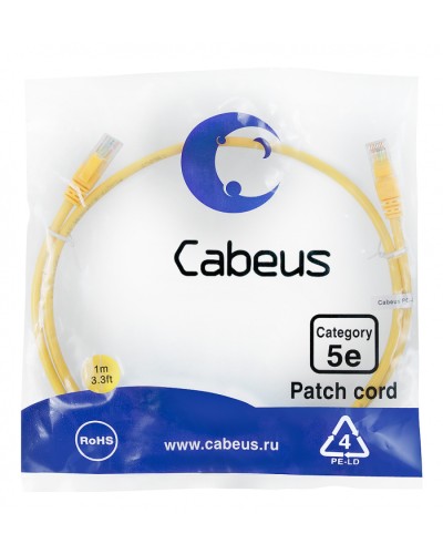 Патч-корд UTP, категория 5e, 1 м, неэкранированный, желтый Cabeus PC-UTP-RJ45-Cat.5e-1m-YL в Абакане Патчкорды (медные) Pintop.ru