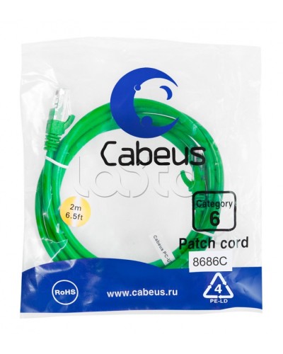 Патч-корд UTP, категория 6, 2 м, неэкранированный, зеленый Cabeus PC-UTP-RJ45-Cat.6-2m-GN в Абакане Патчкорды (медные) Pintop.ru