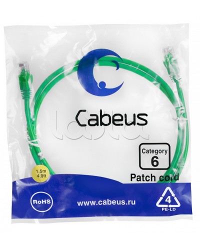 Патч-корд UTP, категория 6, 1.5 м, неэкранированный, зеленый Cabeus PC-UTP-RJ45-Cat.6-1.5m-GN в Абакане Патчкорды (медные) Pintop.ru